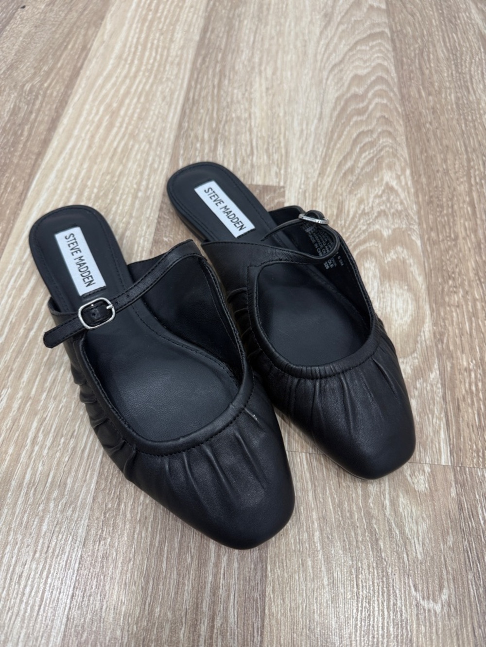 Steve Madden Black Ruched Leather Mule Slides with Ankle Strap